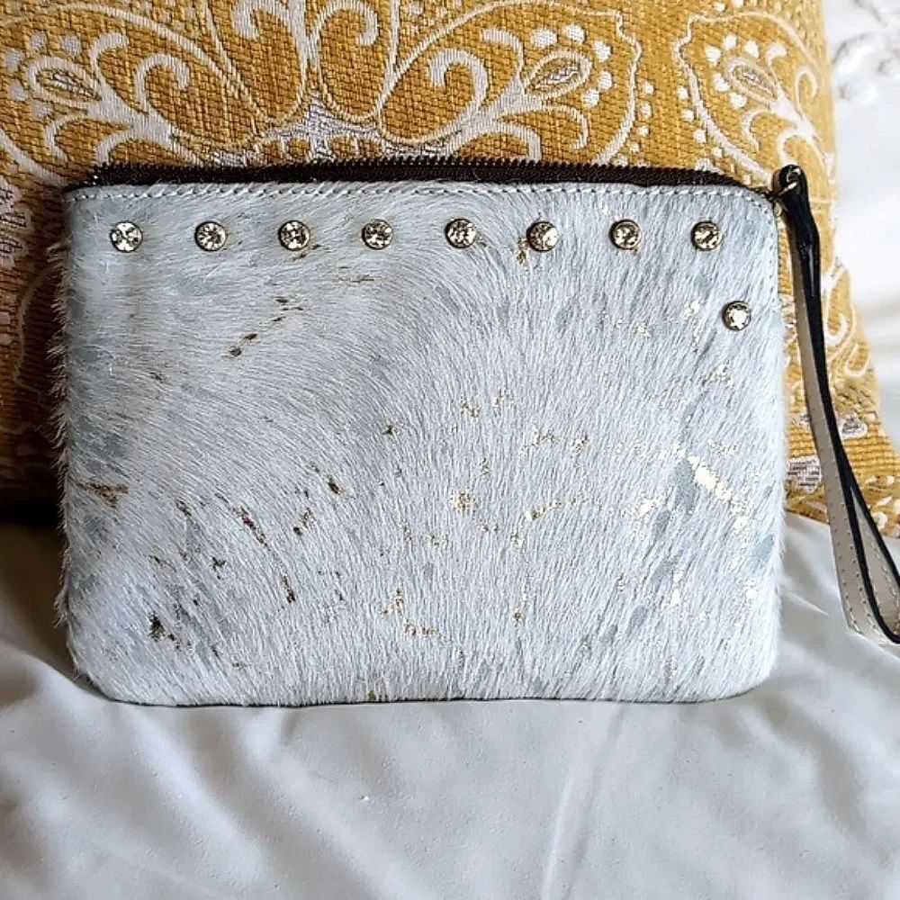 Patricia Nash Cassini White/Aqua Metallic Cow Hair Medium Clutch With Crystals - Picture 3 of 16